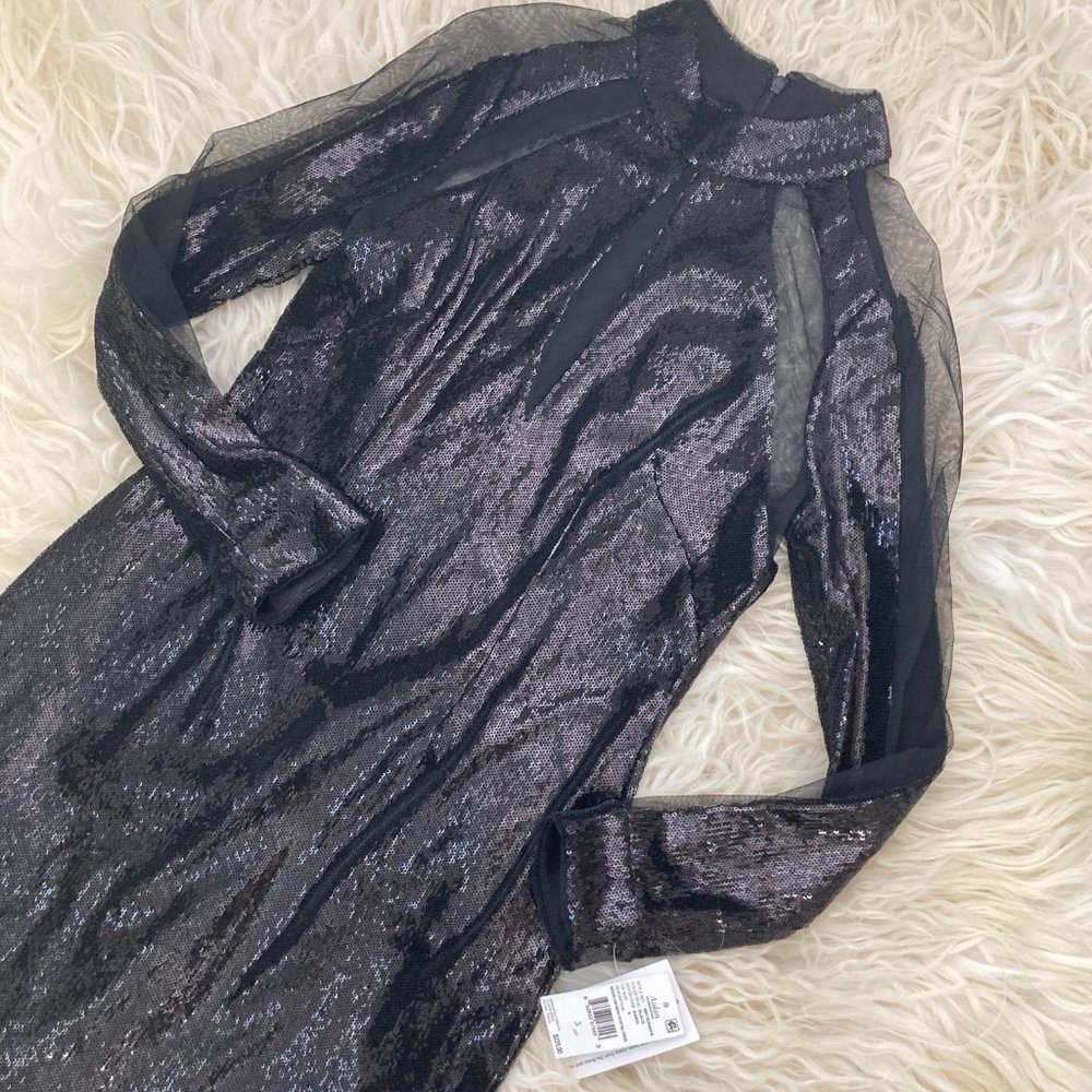 Aidan By Aidan Mattox Sequin & Mesh Inset Mock-Neck Long-Sleeve - Picture 6 of 13